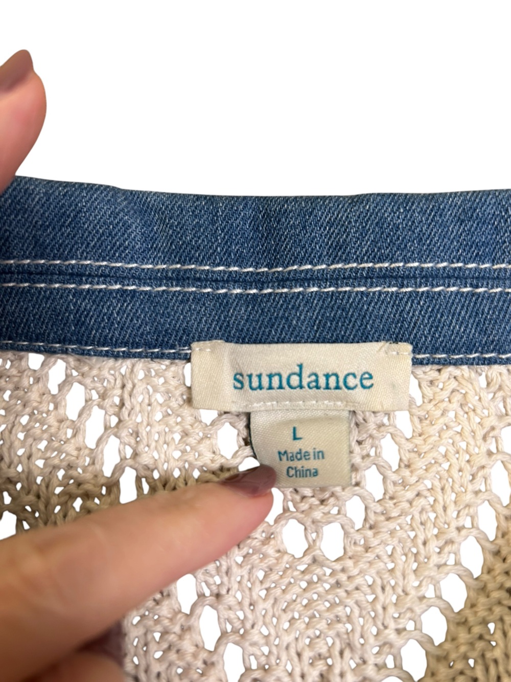 SUNDANCE Mixed Media Denim Trim Cable Knit Cardigan Cream Blue Women L - Picture 3 of 10